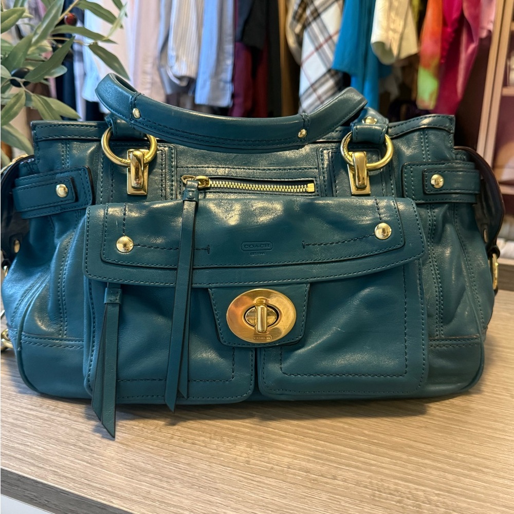 Coach Lindsey Satchel Bag in Teal Leather